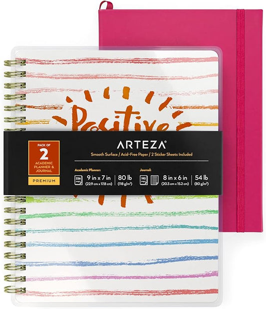 Arteza Academic Planner Bundle, Includes 9 x 7 Inches Planner, 6 x 8 Inches Lined Journal, and 2 Sticker Sheets, Office Supplies and College Essentials for Scheduling and Staying Organized