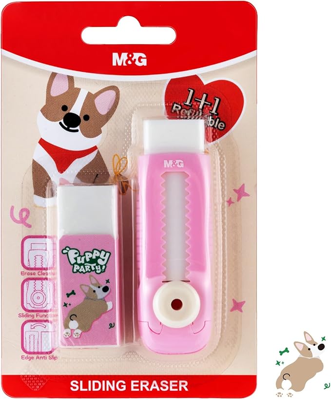 M&G 1+1 Pack Pink Sliding Retractable Cute Eraser Set, Refillable Soft Large Rubber Eraser with Sleeve for Kids Students School Office Supplies