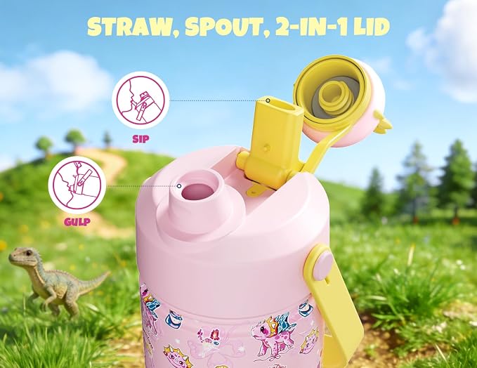 POWCAN 12 oz Kids Water Bottle: 2-in-1 Straw Spout Lid with Soft Animal Head, Leakproof, Backpack Friendly, Keep Cold 24H, Cute Patterns, Insulated Cup for School, Playtime, Trip, Gift (Lovely Trike)