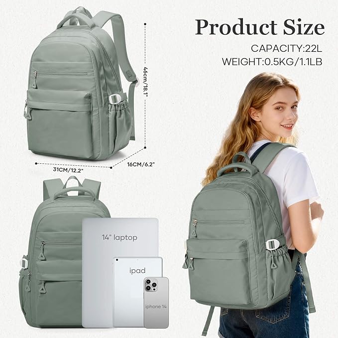 Backpack for College Students Women Men, Aesthetic Backpacks for Middle School, Waterproof Bookbag, Lightweight High School Backpack for Teens Boys Girls(Green)