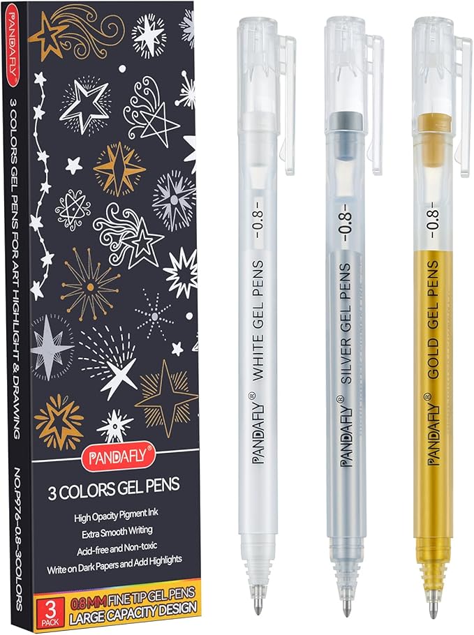 PANDAFLY Gold Silver White Gel Pens, 0.8mm Fine Point Opaque Archival Ink Pen for Journaling, Art, or Drawing - For Artist Gifts, Holiday Gifts & DIY Projects, 3 Pack