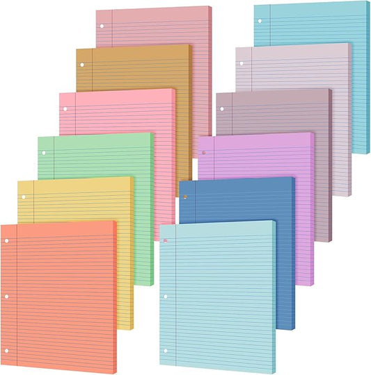 PerKoop 12 Pack 600 Sheets Colored Lined Paper Bulk College Ruled 8 x 10.5 Inches, Loose Leaf Notebook Paper 3 Hole Ring Punched Filler Back School Supplies, Line Spacing 0.7cm (Sweet Color)