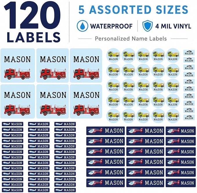 Andaz Press Custom Personalized Waterproof School Name Labels, Calling All Units, 120-Pack, Kids Labels Combo Pack, Customizable Multi-Use Name Stickers for Preschool, Daycare, Supplies, Office