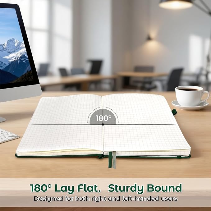 Graph Paper Notebook, Hardcover Notebook, Grid Notebook Journal for Women, Men, Large Leather Journals for Writing, Thick Paper, A5 Notebooks for Work, School Supplies, Engineering, 5.7"x8.5", Green