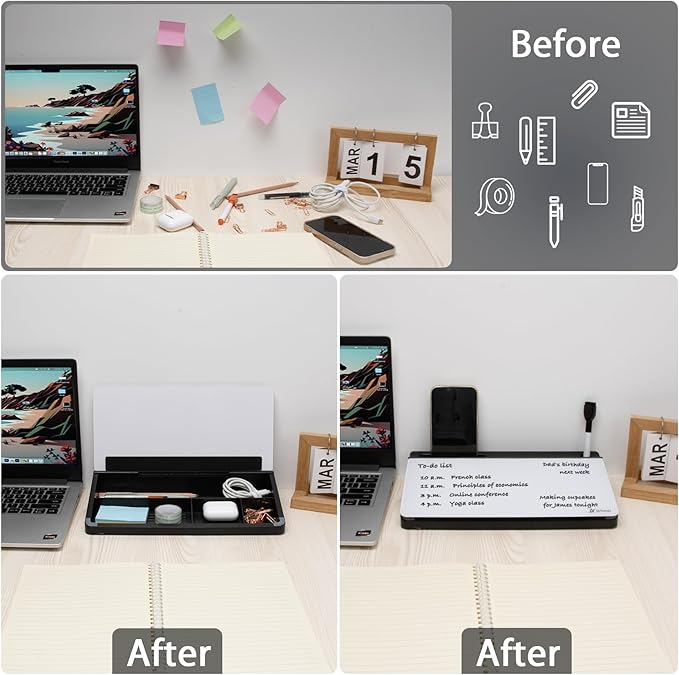 Varhomax Small Glass Desk Whiteboard, Dry Erase Desktop White Board with Storage Caddy to-do List Desk Buddy Memo Notepad for Office, School and Home Office Accessories Supplies (Black & White)