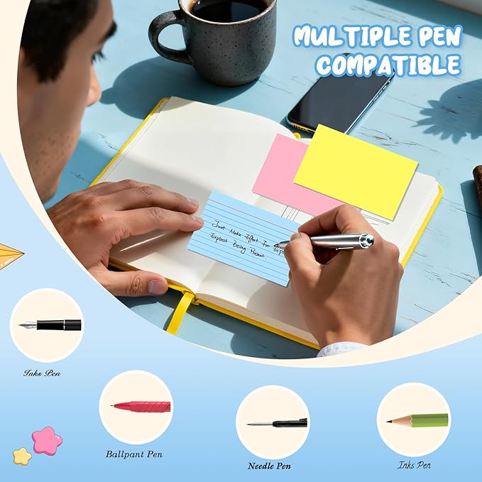 Colored Index Cards 3x5, 1200 Pcs Ruled Colored Flash Cards for Studying, 4 Bright Notecards 3x5 Lined, 50 Per Color 3 x 5 Flashcards Recipe Cards, Lined Note Cards for School, Office and Home