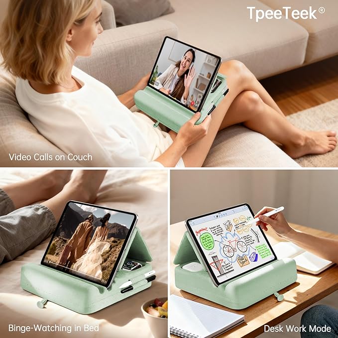 Tablet Pillow Stand with Storage, Foldable iPad Holder for Lep, Bed, Sofa, and Desk - Soft Pad Dock with Pocket and Stylus Mount Compatible with 4-13" iPad Pro/Air/Mini, Galaxy Tab, Kindle
