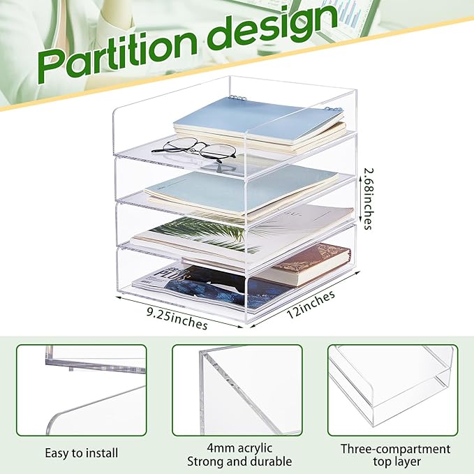 Harloon 4 Tier Paper Organizer Letter Tray Acrylic Desk File Organizer Heavy Duty Stackable Documents Clear Letter Paper Holder Sorter Office Tray for A4, Office Classroom Home File Pad Notebooks