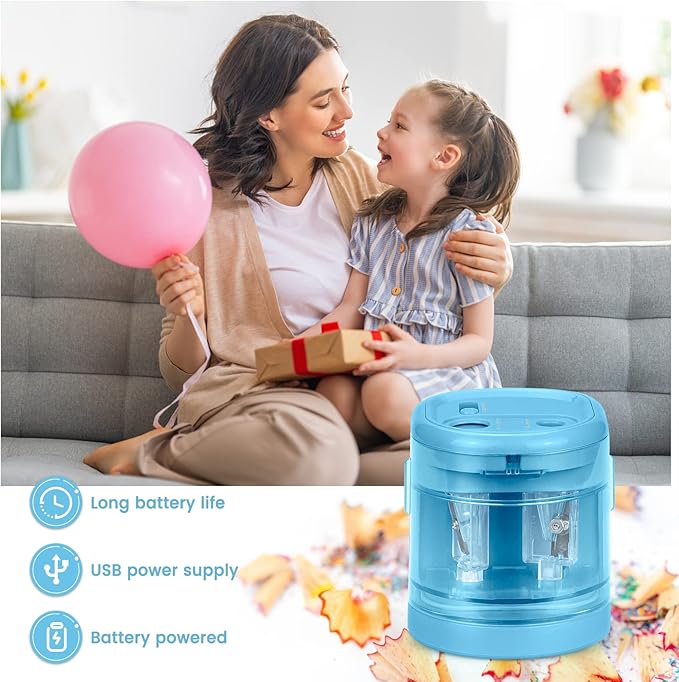 Eagle Electric Pencil Sharpener, Battery or USB Operated, Dual Holes, Dual Blades, fit for Pencils of Size 6-8mm and 9-12mm (Blue)