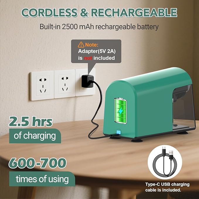AFMAT Electric Pencil Sharpener for Classroom, 6 Holes, Cordless & Rechargeable, Fast Sharpen, Auto Stop, 10K+ Uses, Heavy Duty Pencil Sharpener for 6-11mm No.2/Large/Colored Pencils PSD2(Green)
