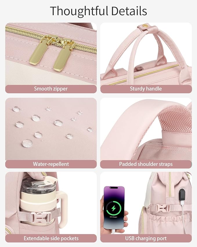 Large Bookbag for Women Laptop Backpack, Teacher Nurse Work Computer Bags with Cup Holder & USB Charger for Travel, School Bag College Back Pack for Girls, Pink
