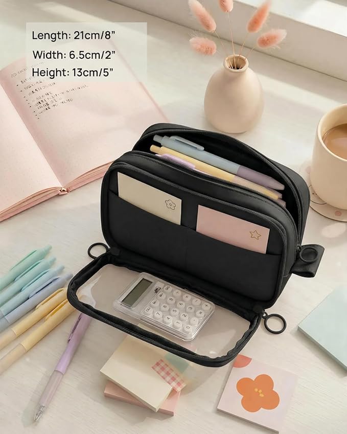 41Pcs Aesthetic Pink Office Supplies Set, All-in-One 5 Compartments Desk Organizer Kit with Large Capacity Pen Pouch, A5 Notebook for Women & Journaling (black)