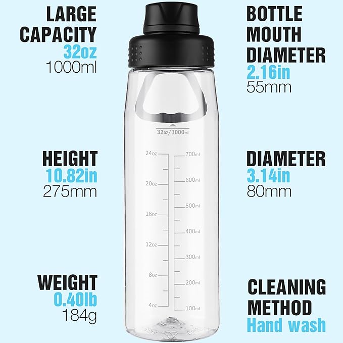 32oz Clear Water Bottle - BPA-Free Tritan Plastic, Fast Flow Spout Lid, Wide Mouth & Leakproof Design Hiking Water Bottle Suitable for Travel, Outdoors, Gym, Travel, Home, School(Clear-Black)