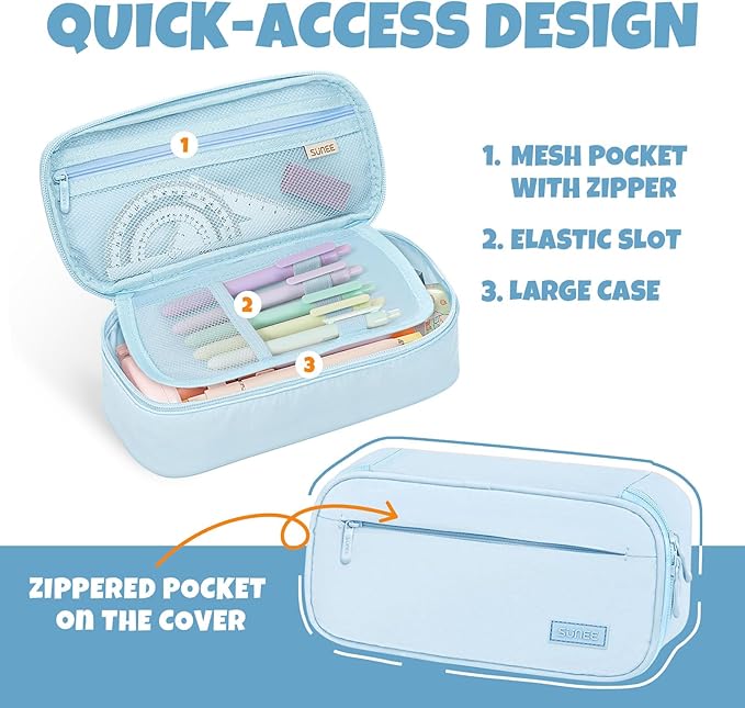 SUNEE Cute Pencil Case, Large Capacity Pencil Pouch, Big Storage Organizer for Stationery, Zipper Pen Bag,Back to School Supplies,Office Water-Repellent Nylon Pencil Bag for Teen Girls Boys,Light Blue