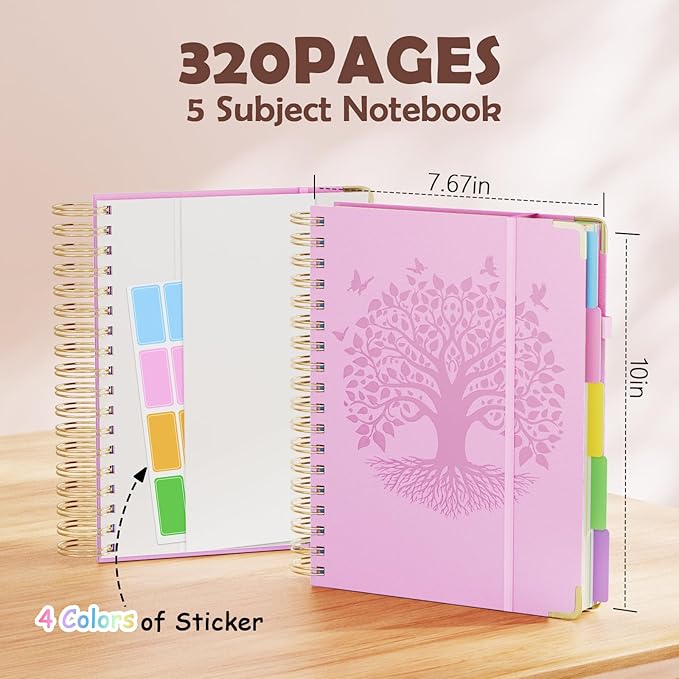 QIYVLOS Hardcover Spiral Notebook, B5 Journal with Removable Dividers Tabs, 5 Subject Notebook College Ruled, 320 Pages 8"x10" Leather Notebooks for Work School Study, Lined Journal for Women, Pink