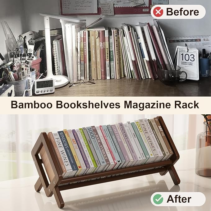Premium Desktop Bookshelf, Bamboo Desk Bookshelf, Retro Brown Book Rack Shelf Organizer, Stable Bookshelves Storage, Tabletop Large Magazine Holder Racks for Magazines, Books, Files