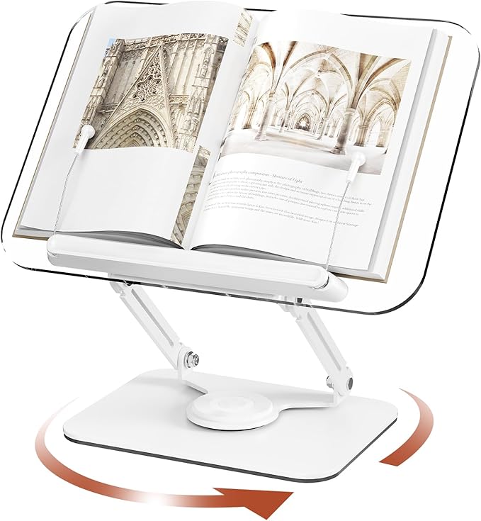 BYMECOST Acrylic Book Stand for Reading, Adjustable Book Holder with 360° Rotating Base & Elastic Page Clips, Foldable Desktop Riser Stand for Cookbook,Laptop,Tablet,Music Scores,Recipe,Textbook