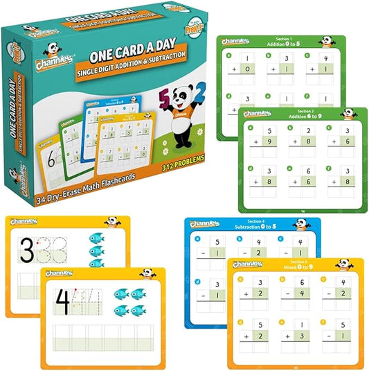 Channie’s One Card a Day Single Digit Addition and Subtraction Flash Cards, 34 Dry Erase Pre K - 1st Grade Math Flashcards for Kids, 312 Problems, Fun & Easy to Follow