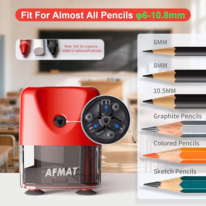 AFMAT Electric Pencil Sharpener, Cordless & Rechargeable, Heavy Duty Classroom Pencil Sharpeners for 6-11mm Pencils, Auto Stop, 2s Fast Sharpening, Battery Powered, 10,000 Sharpenings, Red, PSD3