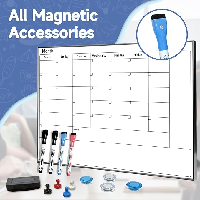 Whiteboard Calendar for Wall Hanging, 24" x 18" Magnetic Dry Erase Calendar Board with Black Aluminum Frame, Wall Mounted Large Monthly Planner Reminder for Office Home School