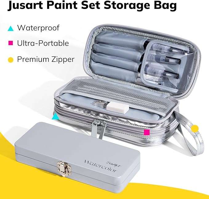 JusArt 100 Colors Watercolor Paint Set,Travel Watercolor Set with Handbag,Art Supplies with Metallic Color, Detail Painting Brushes, Water Brush Pens, Portable Watercolor Supplies for Adult, Artists, Professionals