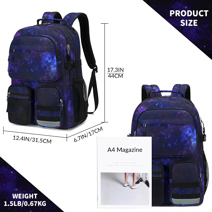 Lohol Water Resistant Backpack with Multifunctional Pockets for Teens, Durable Bookbag fits 15.6 inch Laptop for School Travel College, 25L (Black Purple Galaxy)