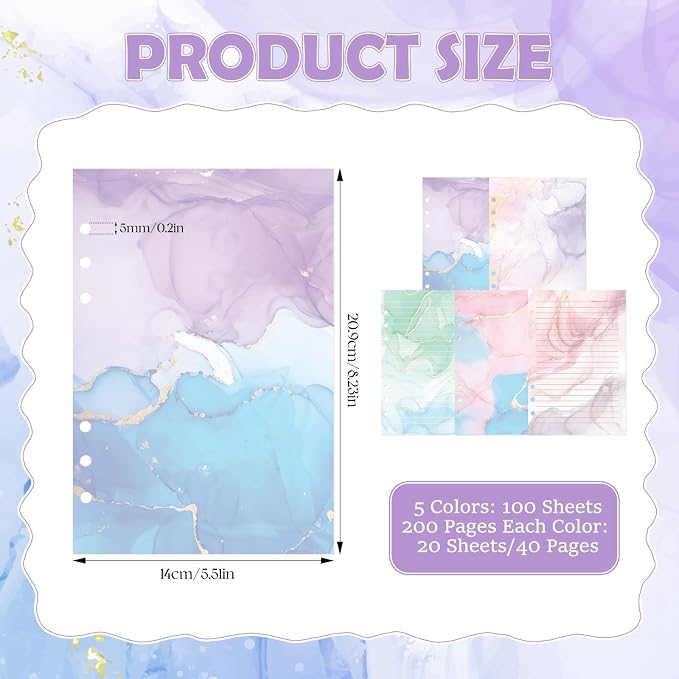 100 Sheets Marble A5 Refills Papers for Planner Insert Binder, 120GSM Thick Colorful Marble Notebook Fillers, 6 Hole Loose Leaf Papers for A5 6 Ring Binder Journal Diary Budget Girl Women