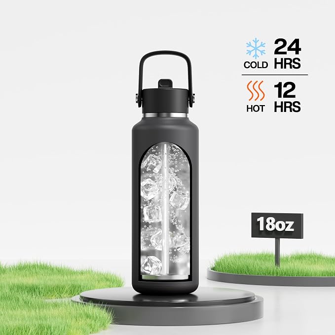 POWCAN 18 oz Kid Water Bottle with Straw: Leakproof, Lightweight, Top Handle, Flex Cap, Vacuum Insulated Water Bottle for Sport, Outdoors, Running, Camping, Home, Hiking, School, Workouts (Stone Gray)