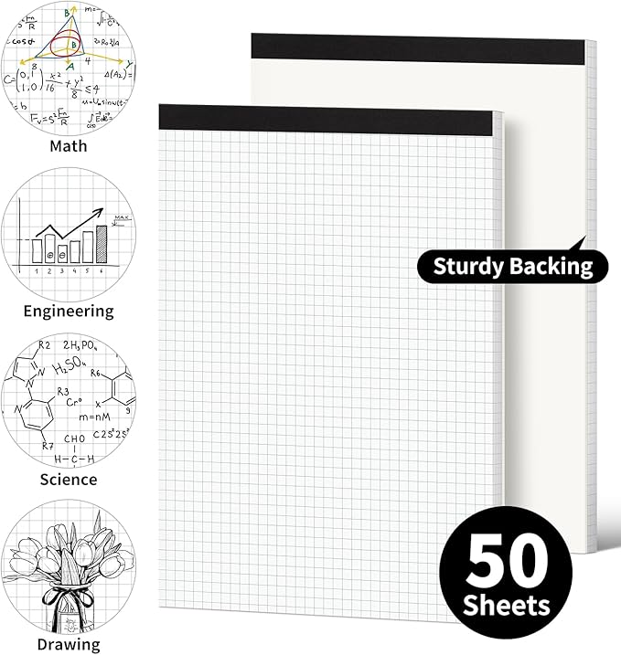 Graph Paper Notebook, 2 Pack, 8.5 x 11 Grid Paper, 4x4 Graph Ruled, 50 Sheets per Pad, Easy-Tear Perforations, 8.5 x 11 Cardboard Backing, for Math, Drafting, Drawing, Engineering