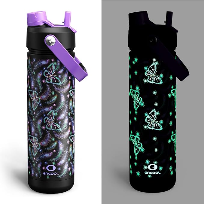 ENCOOL Insulated Water Bottle with Straw Stainless Steel Water Bottle, Glow in the Dark, Leak-Proof, BPA-Free, Keeps Cold for 24 Hours for Sports, Travel, School (26 oz, Midnight Butterfly)