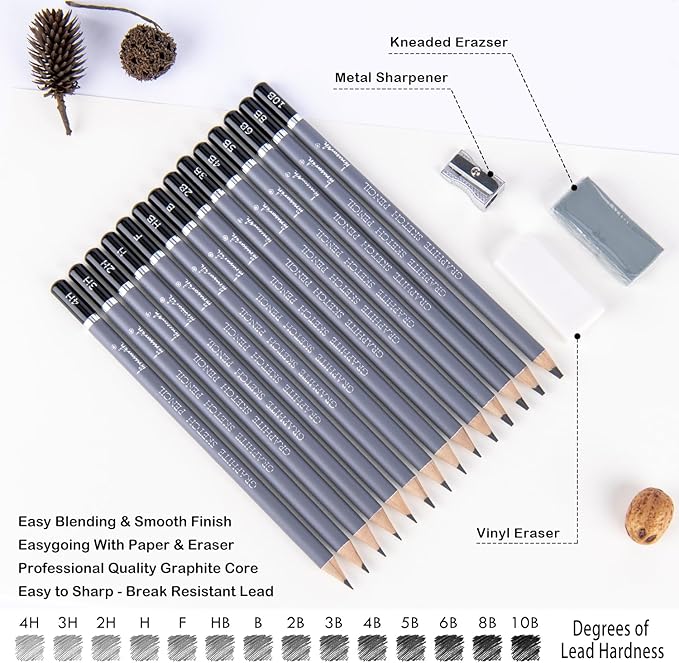 Brusarth Professional Sketch Pencils for Drawing Set - Graphite Pencils (4H-10B), Graphite Sticks, Erasers and Sharpener, Art Pencils for Sketching- Ideal for Artists and Beginners,17Pcs