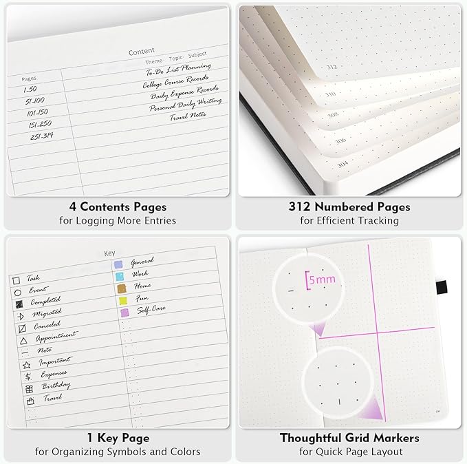 Dotted Journal Notebook, B5 Hardcover Bullet Notebook, 312 Numbered Pages Leather Notebook, 100gsm No Bleed Paper Dot Grid Notebook with Index Pages for Women Men, 7.6'' X 10'', Blue