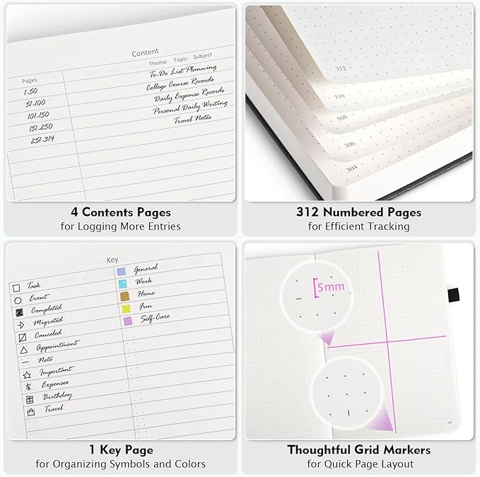 Dotted Journal Notebook, 312 Numbered Pages Large B5 Hardcover Leather Notebook, 100gsm No Bleed Paper Dot Grid Notebook with Index Pages, Dot Journal for Women Men, 7.6'' X 10'', Black