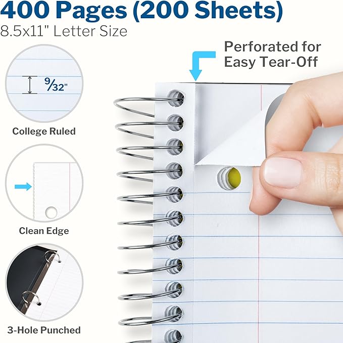 CRANBURY 5-Subject Notebook College Ruled, Movable Pocket Dividers with Tabs, 200 Sheets (400 Pages) 8.5x11 Paper, Colorful Spiral Notebook, Protective Plastic Covers, Multi Subject