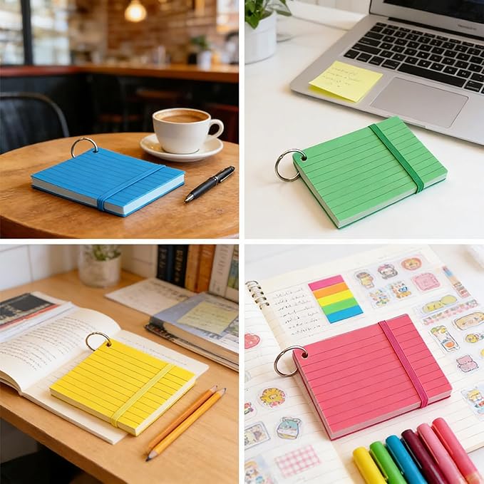 200 Count Colored Index Cards, 3x5 Inch with Key Ring, Portable Note Taking Study Note Cards for Office Home