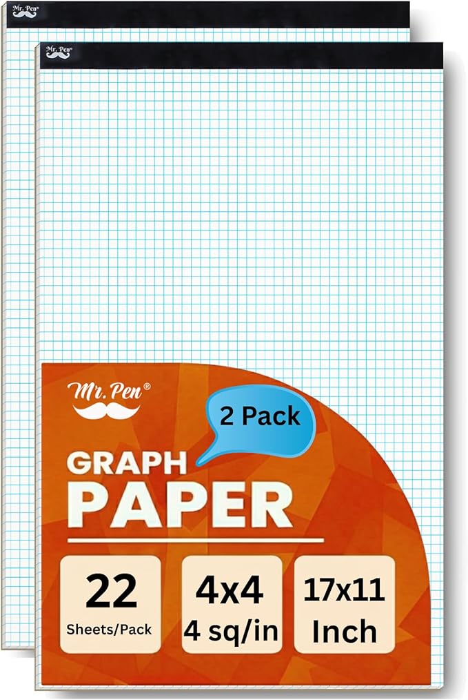 Mr. Pen- Graph Paper Pad, 17x11 Inches, 4x4 (4 Squares per Inch), 2 Pack of 22 Sheets, Ideal for Math, Graphing and Sketching, Grid Paper for Students, Engineers, Artists