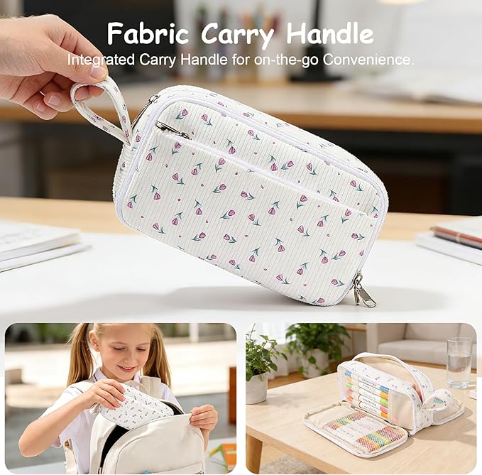 BuyCard Big Capacity Pencil Case, Corduroy Fabric, White with Purple Floral Pattern, Pencil Bag with Zipper Closure, Graduation Gift Office Stationery Storage Pen Pouch