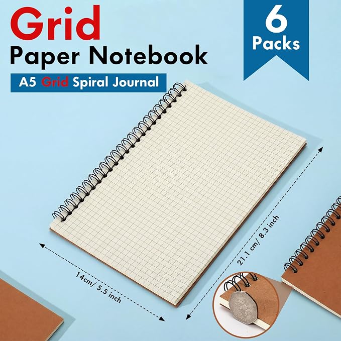 Epakh 6 Pack Spiral Notebooks A5 Bulk Back to School Hardcover Spiral Journal Notebook 5.5 x 8.3 Inch, First Day of School Journal Paper Notebook for Writing, 50 Sheets 100 Page (Grid,Brown)