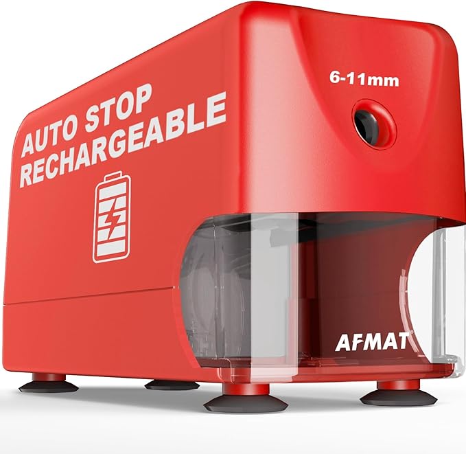 AFMAT Electric Pencil Sharpener, Cordless & Rechargeable, Heavy Duty Classroom Pencil Sharpeners for 6-11mm Pencils, Auto Stop, 2s Fast Sharpening, Battery Powered, 10,000 Sharpenings, Red, PSD3