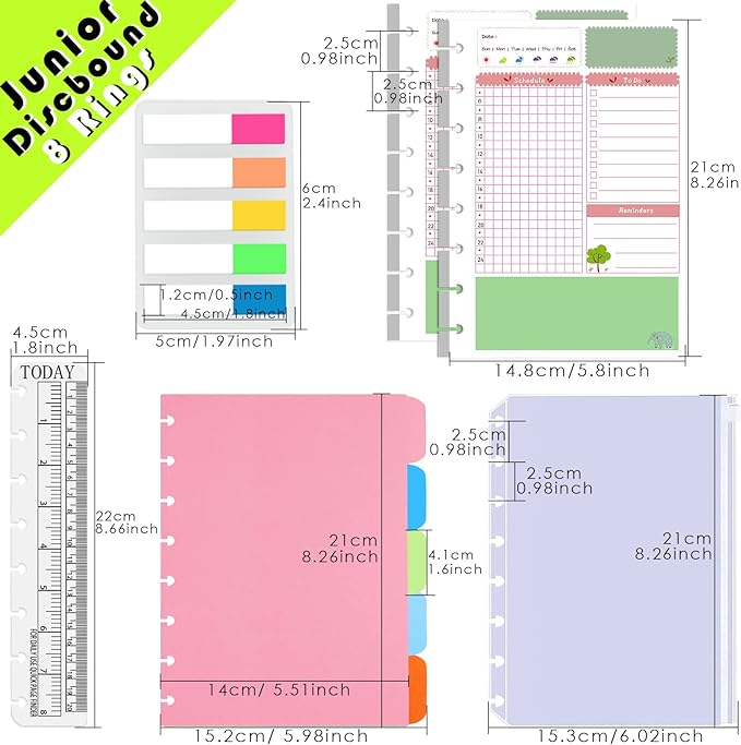 Rancco Junior Daily Planner Refills, 180 Pages 8 Hole Punched Half Letter Binder Paper Inserts w/Index Tabs, Index Dividers, Loose-Leaf Pocket, Ruler For Circa, Arc, TUL, Happy Planner, 5.5x8.5"