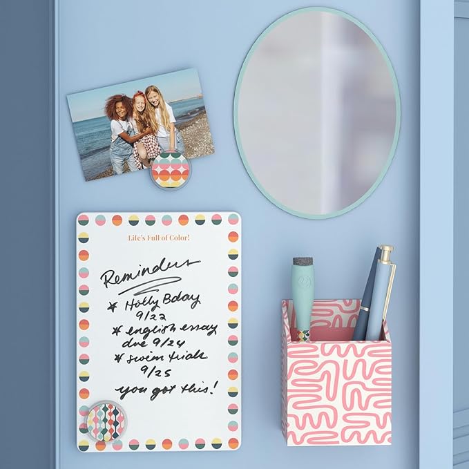 U Brands Magnetic Locker Accessories and Decorating Kit, 6 Piece Set, Colorful Cubist, Back to School Essentials, Whiteboard, Mirror, and More