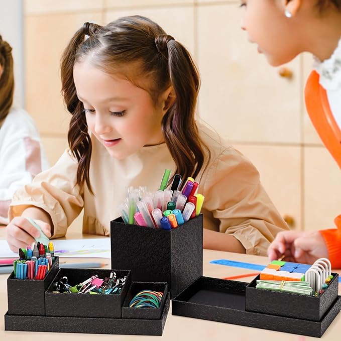 Desk Organizer,Office Desk Accessories,Paperboard Desktop Organizer with Pen Pencil Holder and Sticky Note Tray,Paperclip Storage, Black