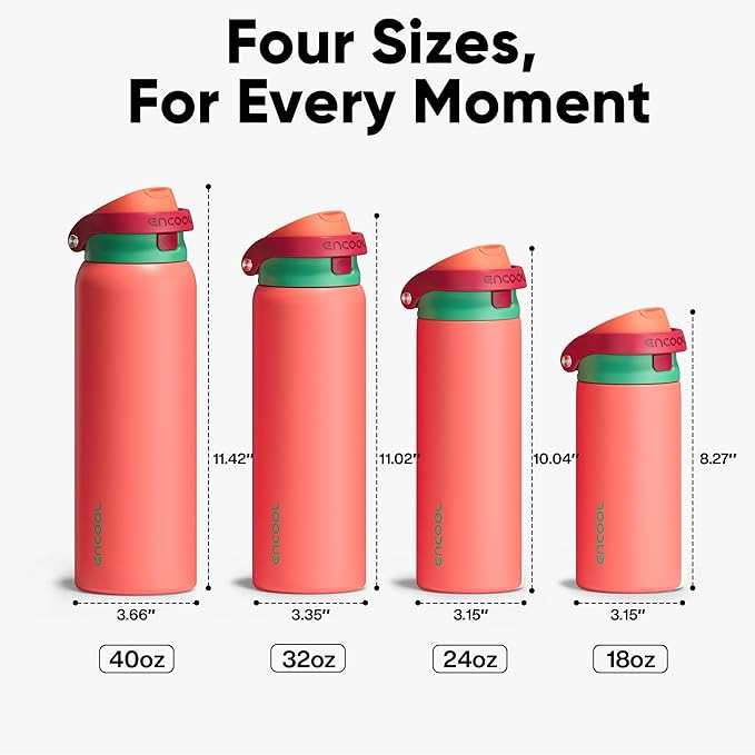 ENCOOL Leakproof Insulated Water Bottle with Straw Dual-Sip Water Bottle Bag-Safe Design for Work, Commute & Gym – Keeps Drinks Cold All Day, 24 oz, Coral Red