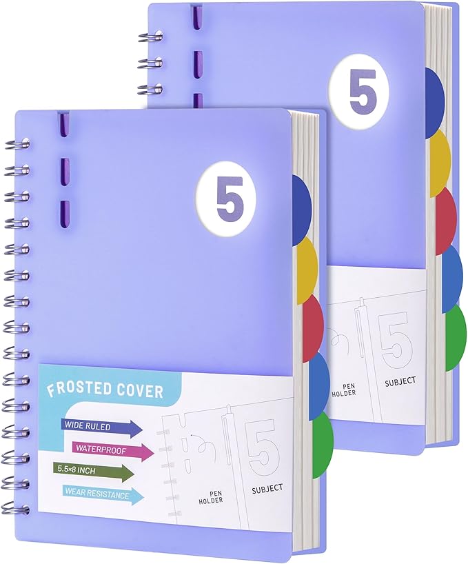 FLYING EAGLE 2 Pcs 5 Subject Notebook Wide Ruled, Small Spiral Notebook 5x7 for Work, 408 Pages Lined Journal with Removable Dividers, Small Notebooks for Work, Violet