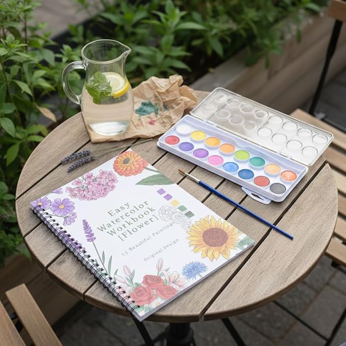 Watercolor Workbook,15 Flower Patterns of Original DIY Designs,16 Colors Watercolor Paint Set with Brush Palette,Beginner-Friendly Water Color Workbooks,Water Coloring Book for Adults