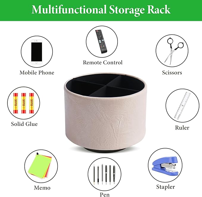 Round Leather Art Supply Organizer,Remote Control Holder,360 Degree Spinning,Multi-Functional Pencil Holder,4 Compartments Desktop Stationary Organizer(1-Crazy White)
