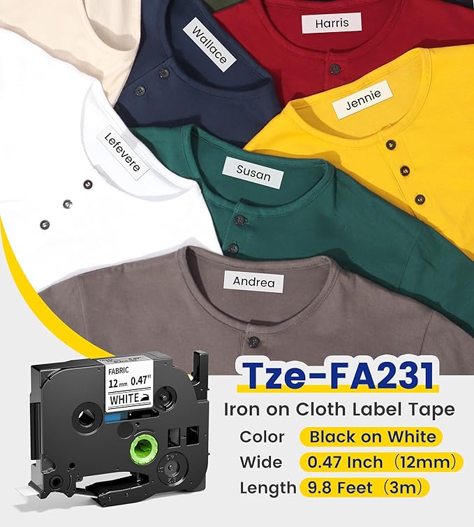 TZe-FA231 Fabric Iron-on Clothing Label Tape Compatible with Brother P Touch Fabric Tape TZeFA231 12mm 0.47'' for PT-D210 PT-D400 PT-H100 PT-D200 Label Maker Black on White Iron on Refill, 4 pk