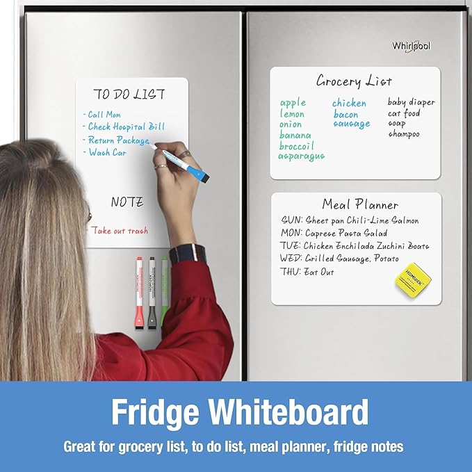 HOMiDEK Magnetic Whiteboard for Fridge, 3 Pack Small Magnetic Dry Erase Boards with 4 Markers & 1 Eraser, Reusable Blank Magnet White Board Sheets for Home, Kitchen, Office, Classroom - 11 x 17