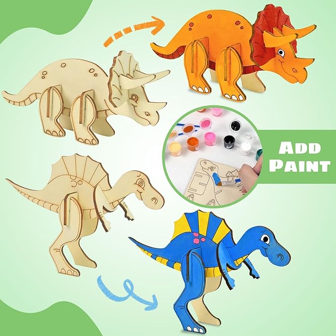 Vileafy Wooden Dinosaur Crafts for Kids Ages 4-8, 3D DIY Painting Kit with 6 Dinosaurs Toys, Brushes & Paint -Arts and Crafts - Preschool Activity and Gift for Boys and Girls