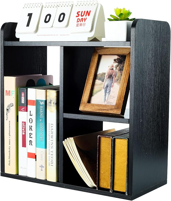 PAG Desktop Shelf Freestanding Wood Small Bookshelf Desk Supplies Organizers and Accessories Storage Display Rack Office Decor for Women, Black